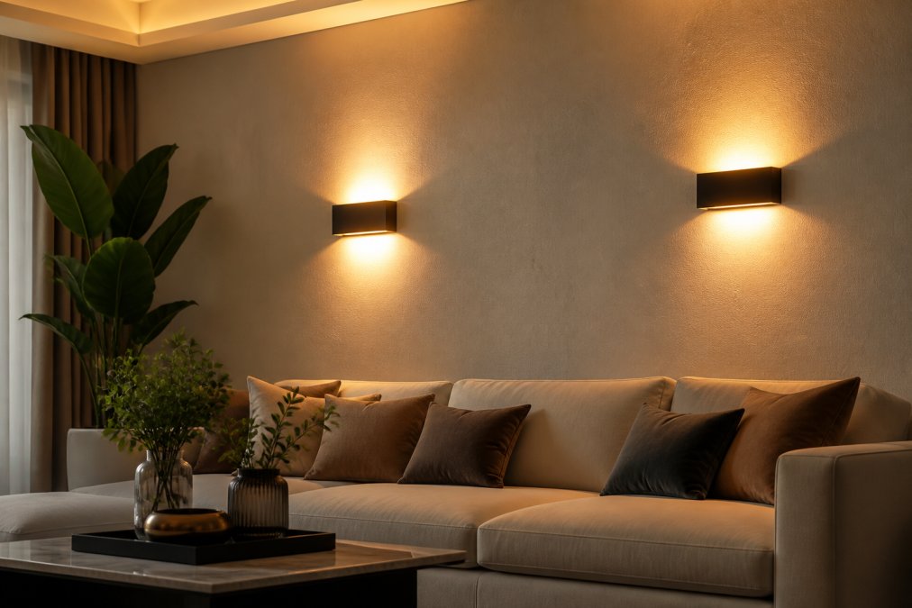 Modern living room with contemporary LED wall sconce lighting mounted above a sofa, casting warm ambient light upward and downward along a textured accent wall, creating a sophisticated evening atmosphere with layered illumination