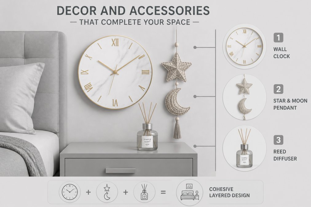 Bedroom nightstand arrangement showing a modern tempered glass wall clock with marble texture, a woven star and moon pendant hanging nearby, and a reed diffuser bottle, demonstrating how coordinated accessories create cohesive layered design