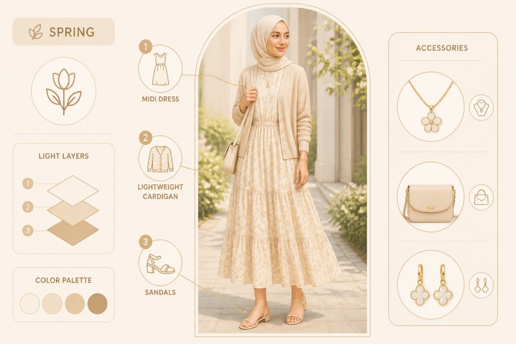 Woman wearing a modest midi dress styled with a lightweight cardigan and sandals for spring, showing layered, season-appropriate outfit in natural outdoor lighting