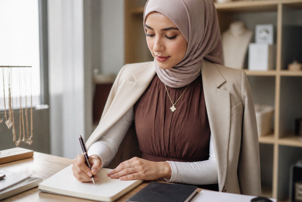 Close-up of a modest dress styled with a long-sleeve fitted base layer underneath and an open structured blazer, demonstrating practical layering technique with natural lighting