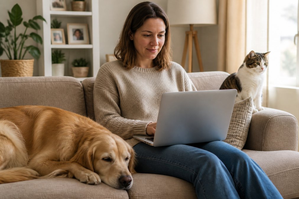 A pet owner sitting on a couch with a laptop open, browsing an online pet store while a golden retriever rests beside them and a cat sits on the armrest, warm living room lighting