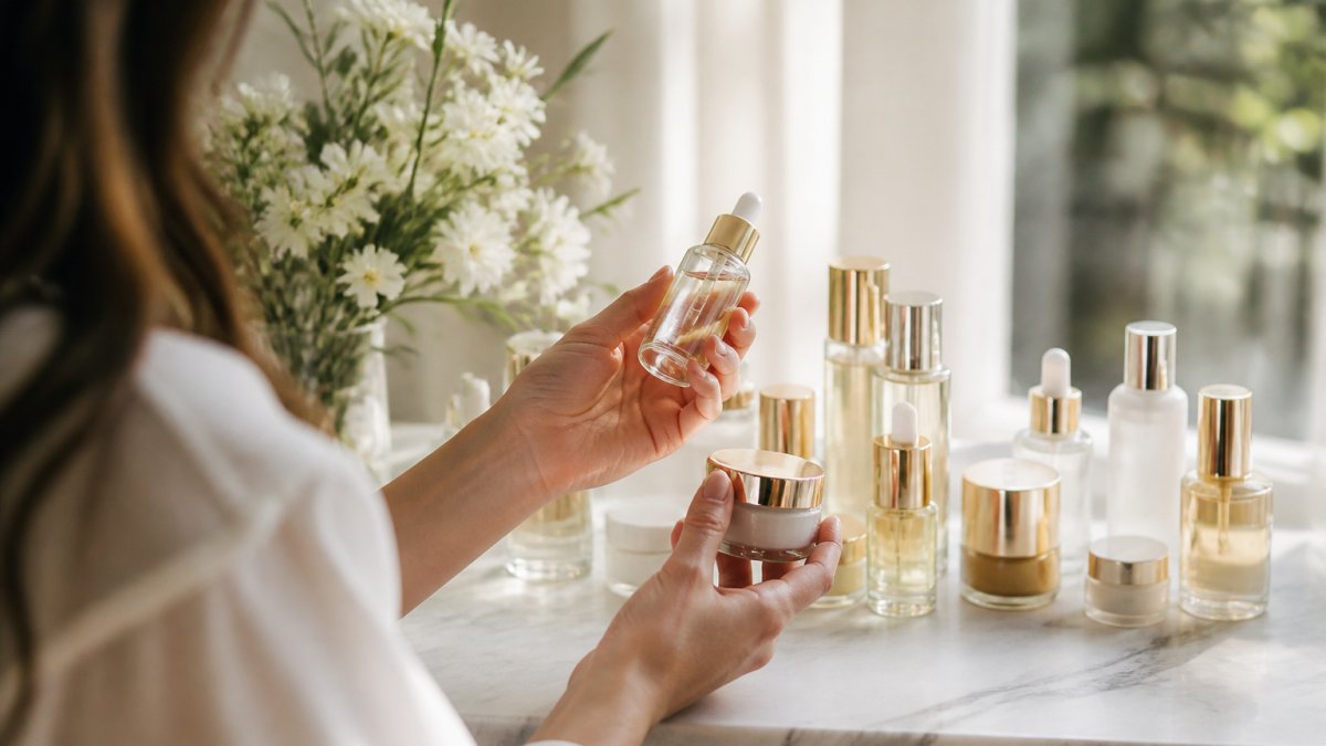 Person examining premium skincare bottles and jars on a marble surface with natural morning light streaming through a window