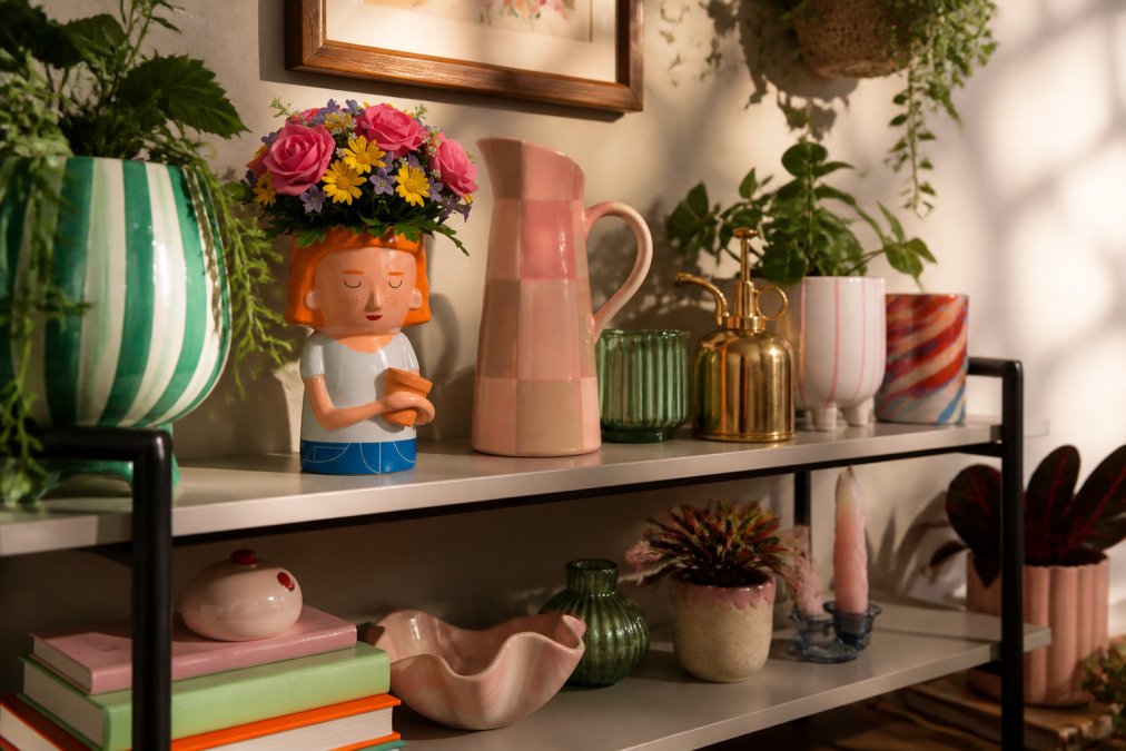 A compact living room shelf displaying an eclectic mix of character plant pots in varying heights, ceramic ornaments, and colourful homeware arranged in a curated grouping without visual clutter, with warm natural window light casting shadows