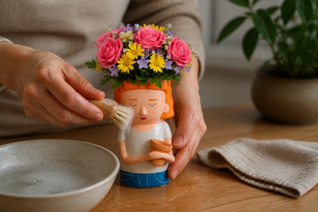 Close-up of hands gently cleaning a ceramic character planter with a soft natural-fibre brush and warm water, showing proper care technique on a wooden surface with soft diffused lighting