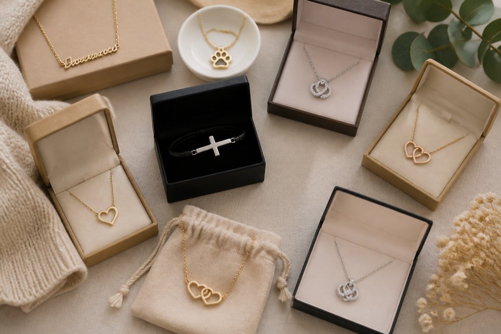 Flat lay of curated sentimental gift items including personalized jewelry, handmade keepsakes, and custom photo gifts arranged on a neutral surface with soft natural lighting