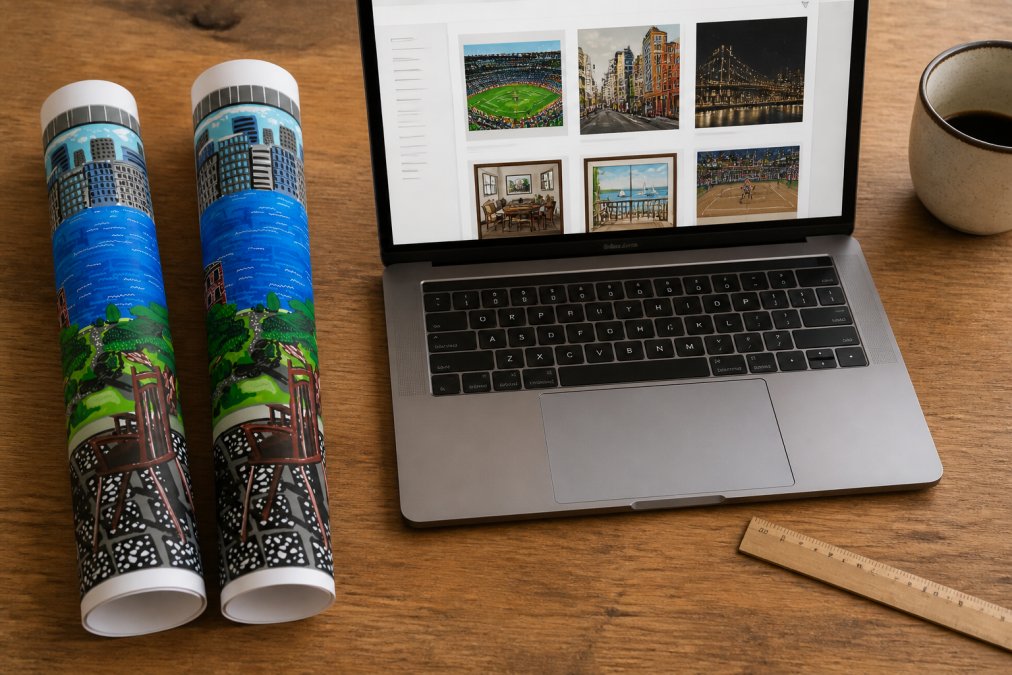 A flat lay of two rolled art prints on a wooden desk next to a laptop open to an online art shop, with a coffee cup and a small ruler beside them