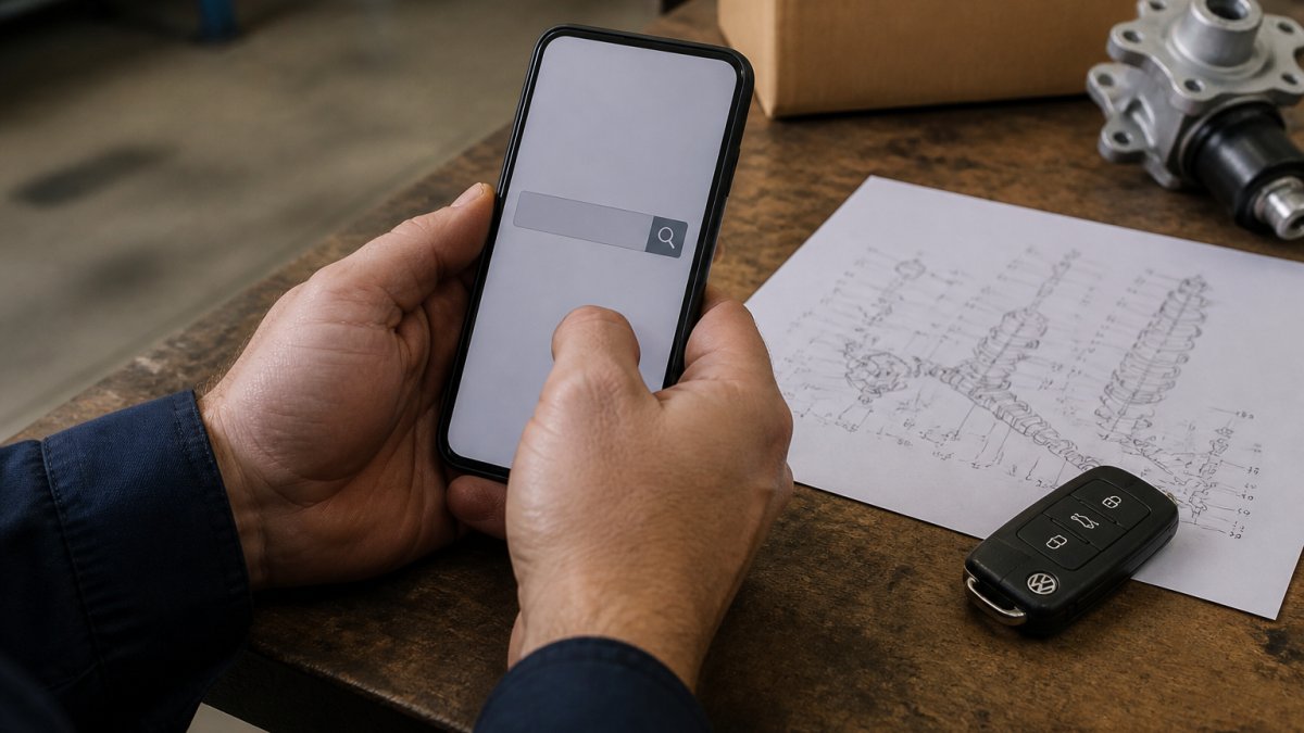 Close-up of a person's hands holding a smartphone displaying a VIN search field, with a Volkswagen key fob and a printed part diagram on a workbench nearby