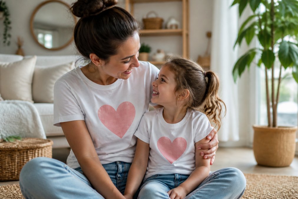 A mother and her young daughter wearing matching casual t-shirts, smiling together in a bright living room with soft natural light