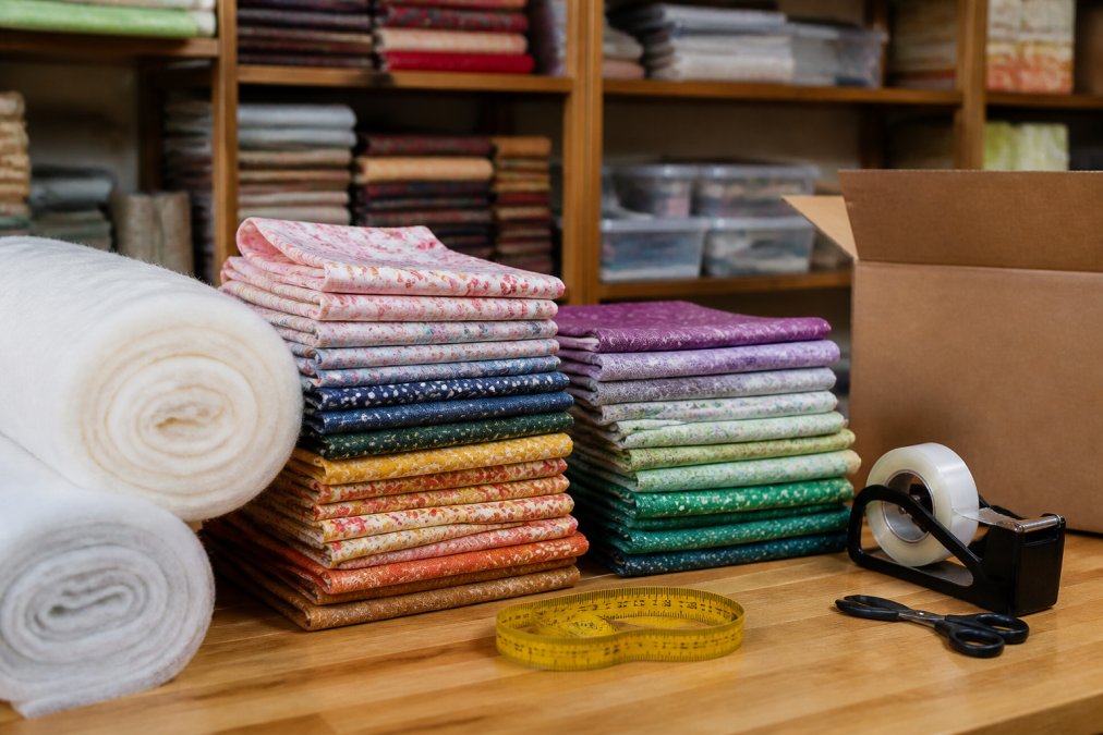Neatly rolled batting and folded fabric yardage arranged on a wooden shipping table, with a tape measure and packing materials visible in warm workshop lighting