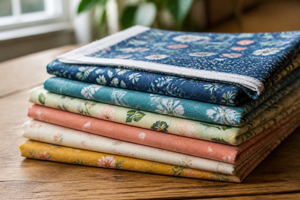 Close-up of neatly folded fat quarters in various colors and prints stacked on a wooden table, with a selvage edge visible on the top piece, photographed in soft natural window light