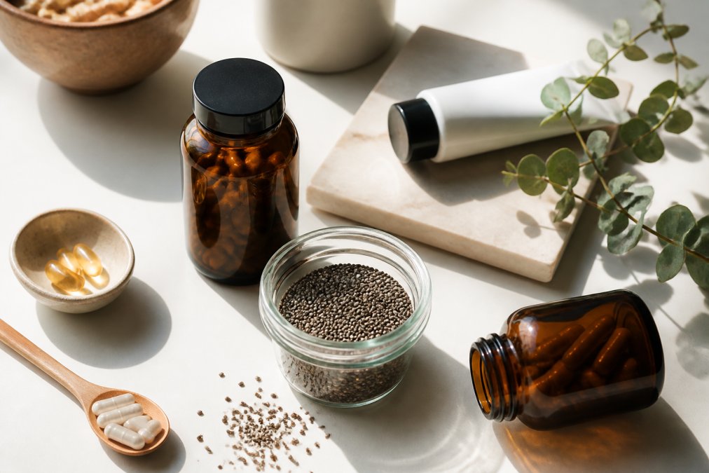 A neatly arranged flat-lay of wellness products on a clean white surface, featuring amber supplement bottles, a small jar of chia seeds, and a minimalist skincare tube, with soft natural window lighting