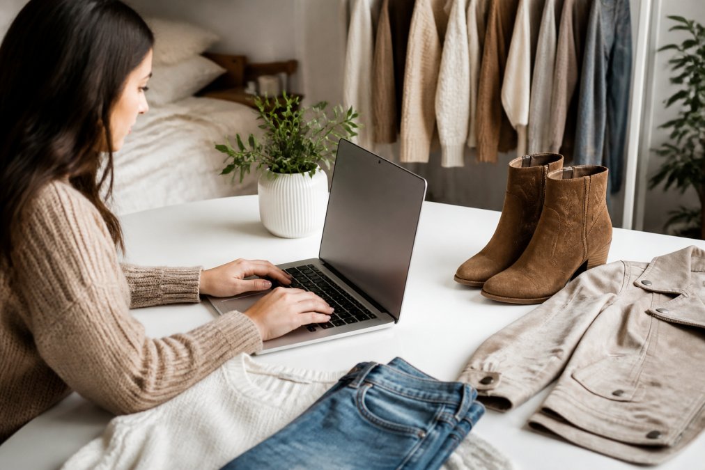 A young woman browsing clothing on a laptop at a bright, modern desk, with a few trendy outfit pieces including ankle boots and a neutral jacket laid out nearby on a white surface