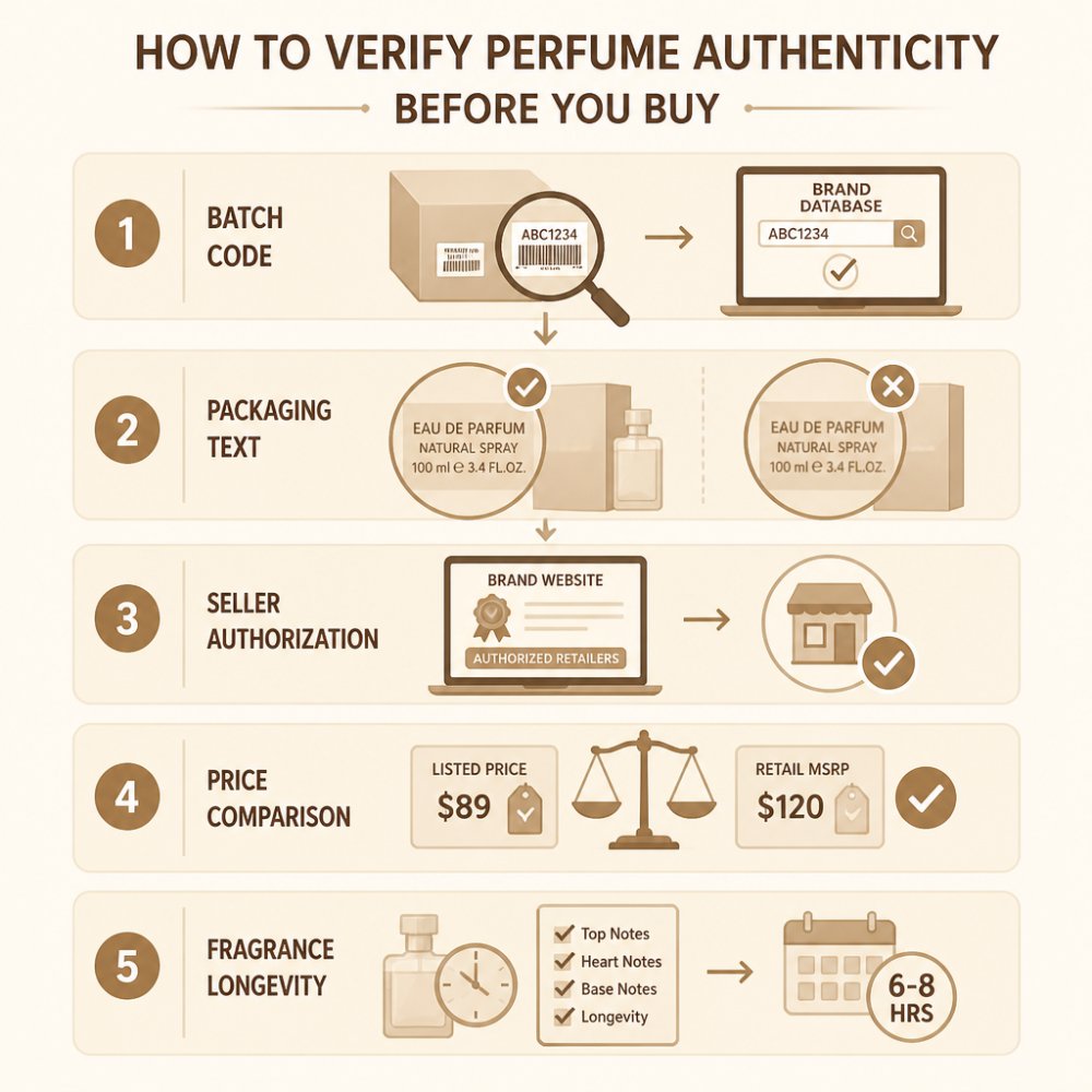 Flowchart outlining a five-step process to verify the authenticity of a fragrance before purchase.