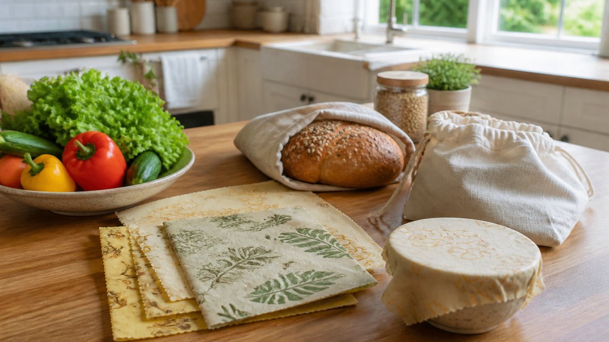 Bright kitchen counter displaying reusable beeswax wraps and cotton bread bags next to fresh vegetables and baked goods, with natural light streaming through windows
