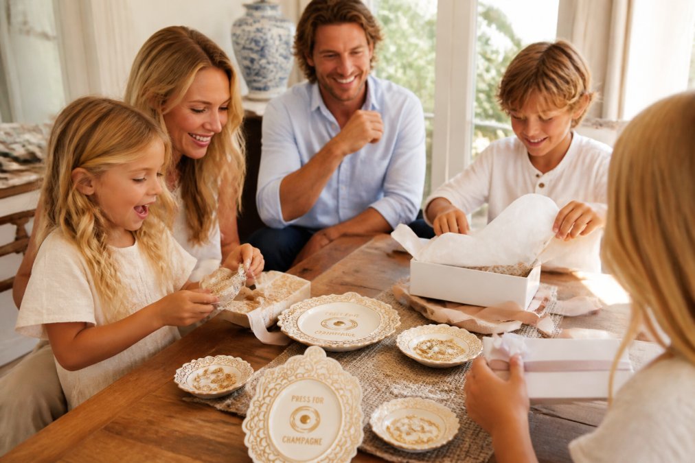 Family gathered around a wooden table opening beautifully wrapped gifts, with ceramic trinket trays and handcrafted jewelry displayed on the surface, warm natural lighting streaming through windows