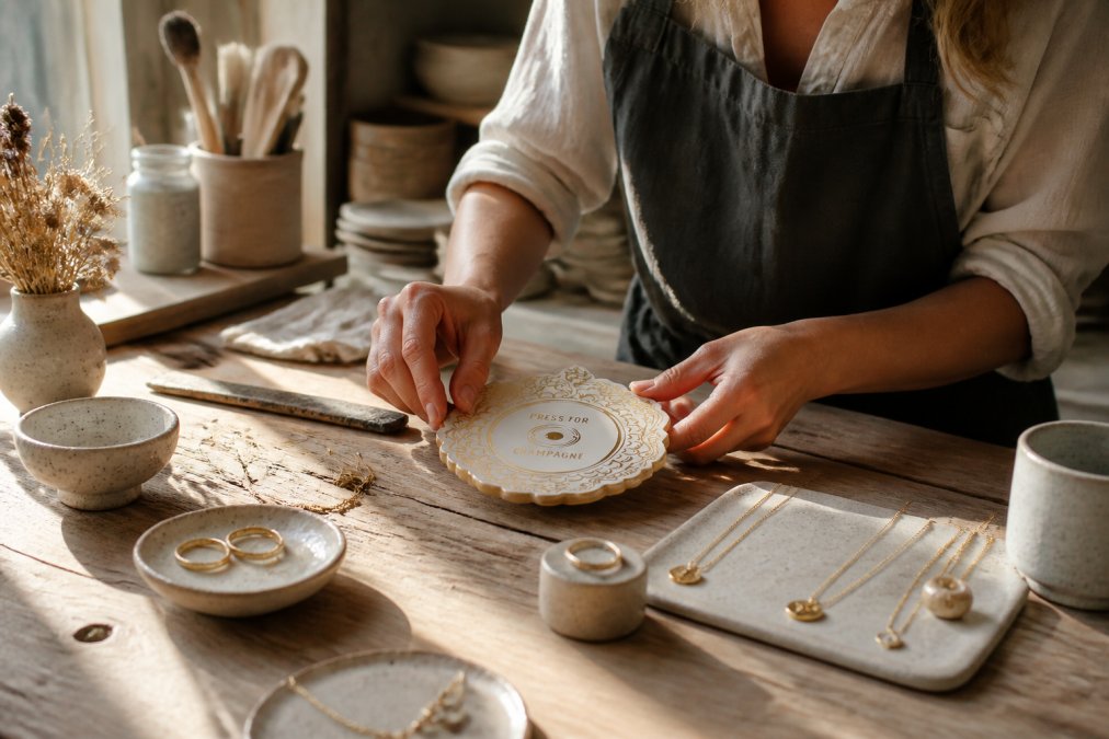 Close-up of artisan hands carefully arranging handcrafted ceramic pieces and jewelry on a natural wooden workbench with soft morning light, tools and materials visible in the background