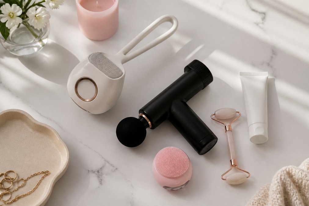 Flat lay of diverse lifestyle gadgets and beauty tools arranged on a clean white surface, including a massage device, skincare tool, home accessory, and tech gadget with natural morning light