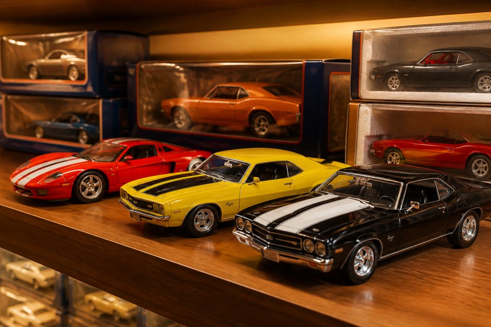 Close-up of several mint-condition diecast model cars displayed on a wooden shelf, including muscle cars and a sports car, with original sealed packaging boxes visible beside them under warm display lighting