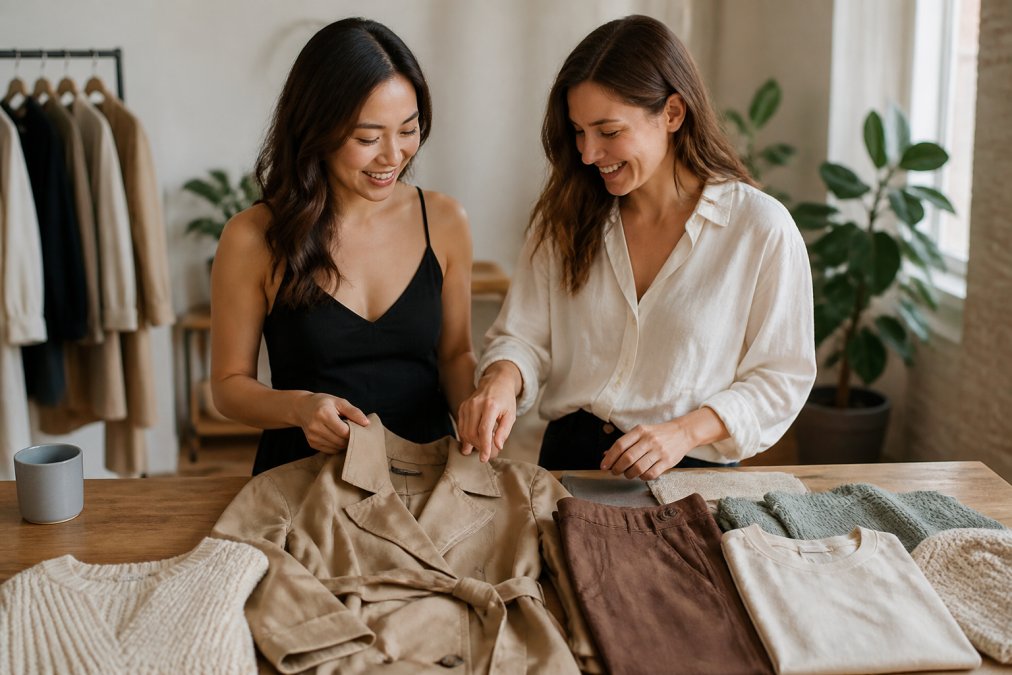 Folded trench coat, wide-leg pants, and knit tee on linen for the best online stores for ethical and affordable fashion 2026