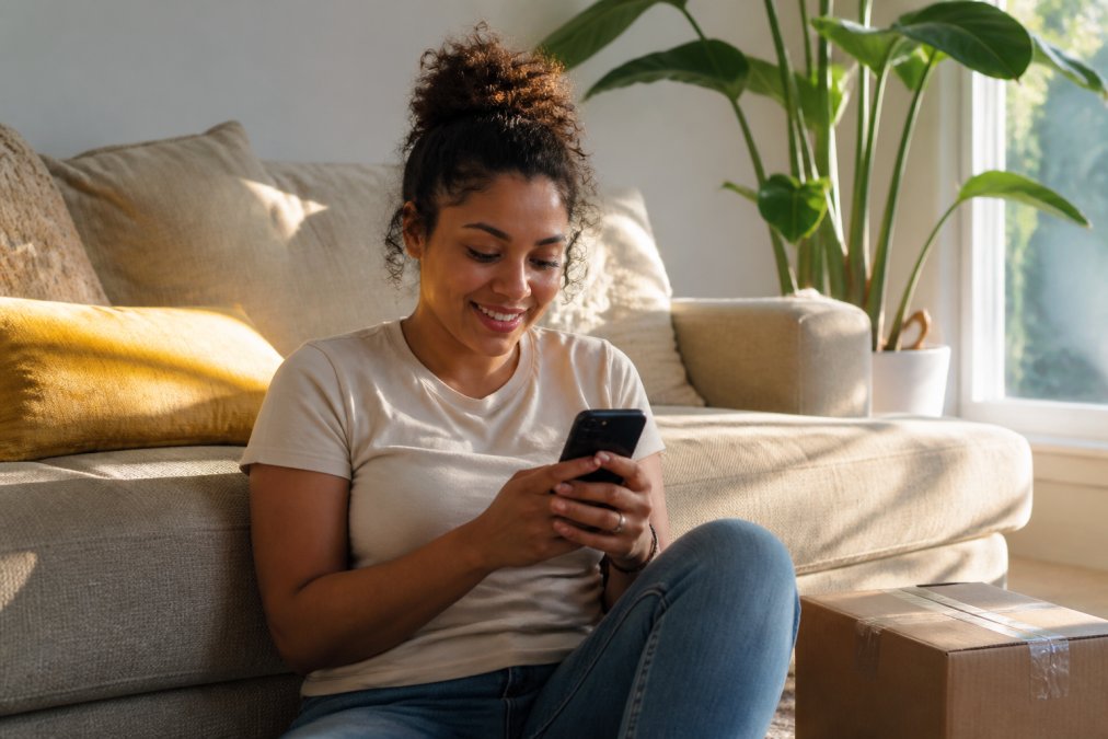 Woman checking her smartphone to track a package delivery, sitting at home with a smile, natural lighting from a window