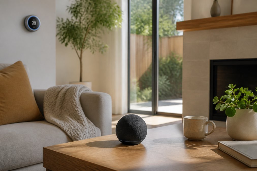 A bright modern living room with a sleek voice assistant speaker on a coffee table, a smart thermostat glowing softly on the wall, and warm natural light through large windows