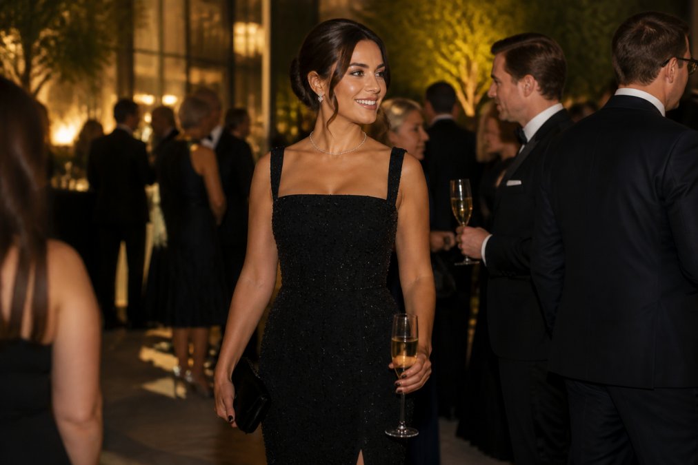 A woman wearing an elegant black beaded column gown with a structured square neckline, standing at a glamorous evening event with soft ambient lighting and a sophisticated atmosphere
