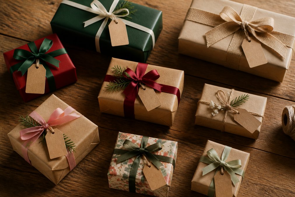 A neatly arranged flat lay of wrapped gift boxes in various sizes with colorful ribbons and handwritten gift tags on a warm wooden table, soft warm lighting creating a cozy, thoughtful gift-giving atmosphere