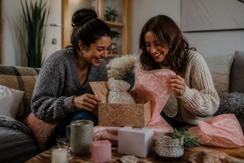 Two friends laughing and unwrapping a beautifully presented gift box together in a cozy, warmly lit living room, tissue paper scattered around them with small novelty items visible on a coffee table