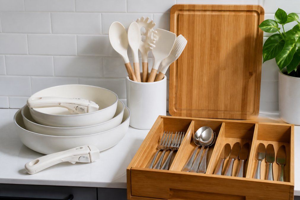 A bright kitchen counter with a stack of white nonstick pans with detachable handles, silicone utensils standing in a holder, a bamboo drawer organizer pulled open showing silverware, and a fiberwood cutting board leaning against a white tile backsplash