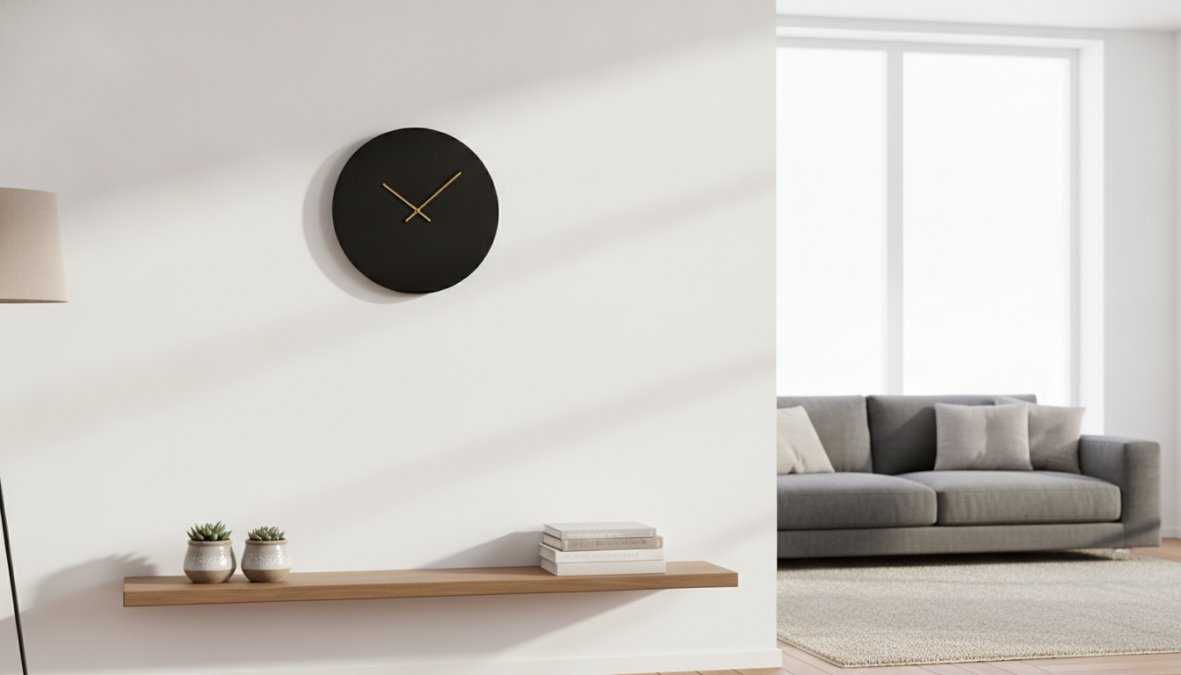 Modern living room interior featuring a marble-textured wall clock with gold Roman numerals, contemporary LED wall sconce lighting, and minimalist home decor elements creating a sophisticated, curated aesthetic