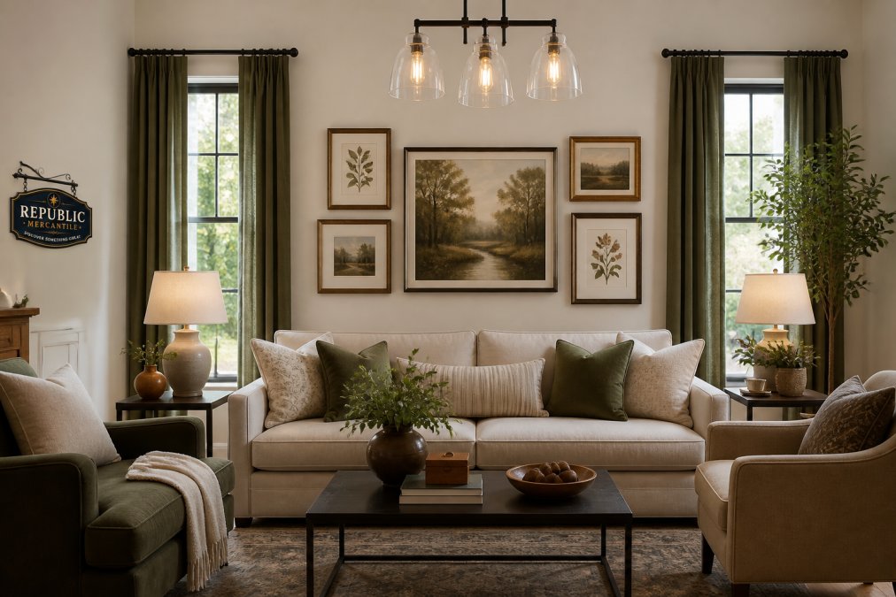 A well-styled living room featuring coordinated wall art above a neutral sofa, green curtains framing large windows, decorative pillows on seating, and layered lighting from both pendant fixtures and table lamps creating a cohesive interior design