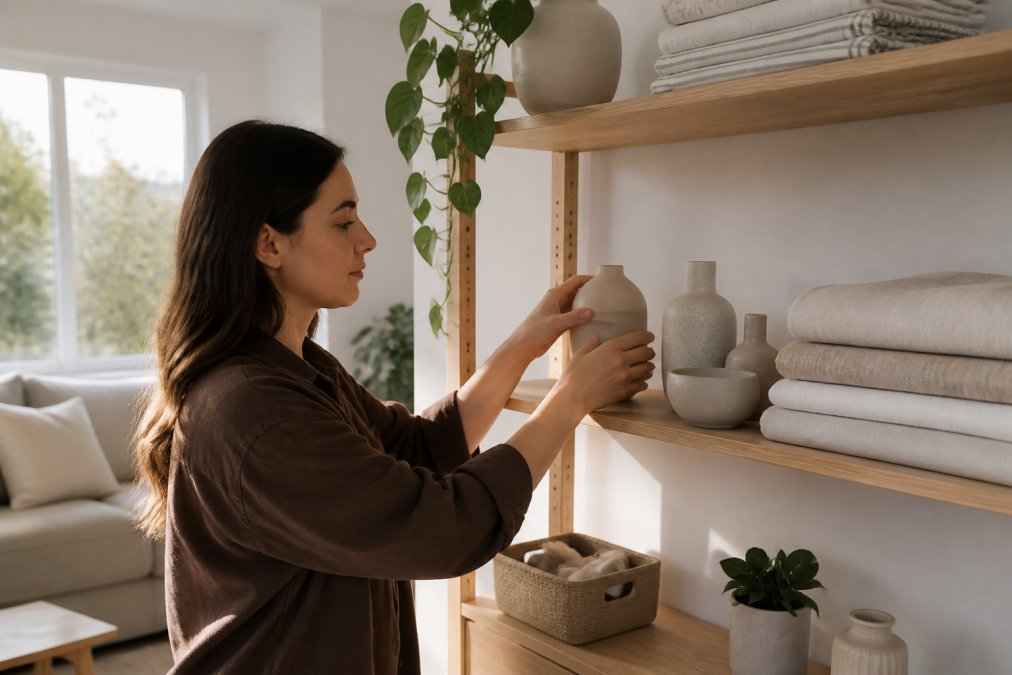 Young adult arranging ceramic vases and linen household goods on a bright oak shelf in a minimalist living room
