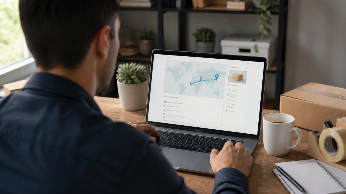 Professional at ergonomic desk viewing laptop screen displaying international shipping tracking interface with package in transit map, warm office lighting from window, coffee cup nearby