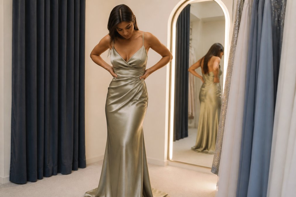 Woman trying on an elegant floor-length satin evening dress in a well-lit fitting room, carefully checking the fit across the bodice and drape of the fabric