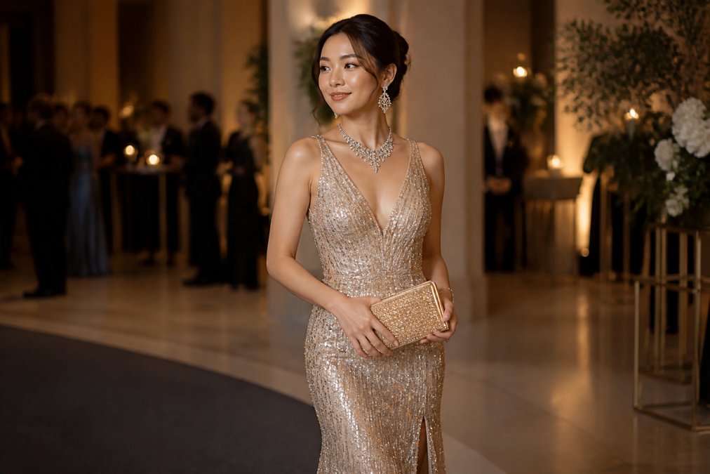 Woman wearing an elegant floor-length sequin evening gown with matching embellished clutch and statement jewellery, posed confidently at a formal event venue with soft golden lighting