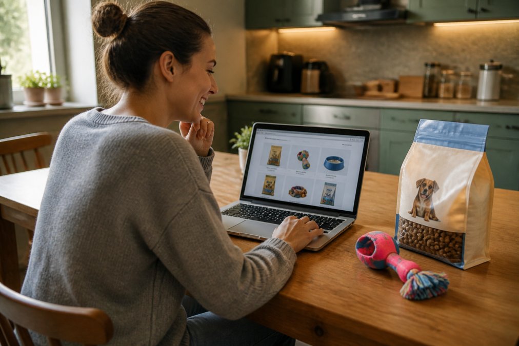 A person sitting at a kitchen table with a laptop open to an online pet store, a bag of dog food and a cat toy nearby, smiling as they compare options