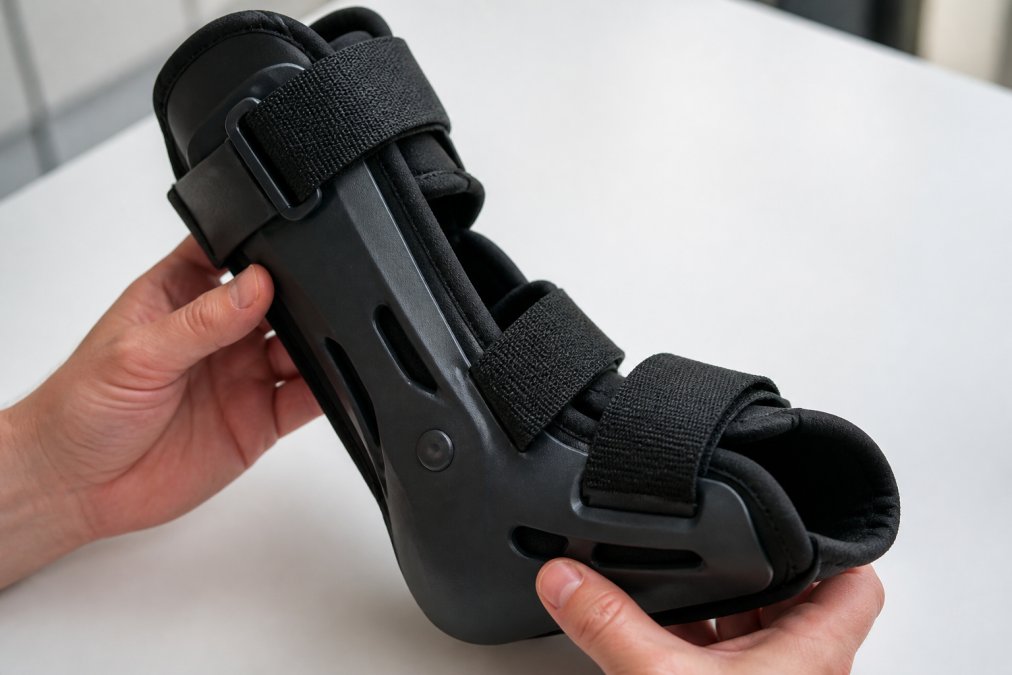 Close-up photograph of a medical-grade ankle brace held in two hands, showing the rigid lateral shell and adjustable straps against a clean white surface under soft daylight