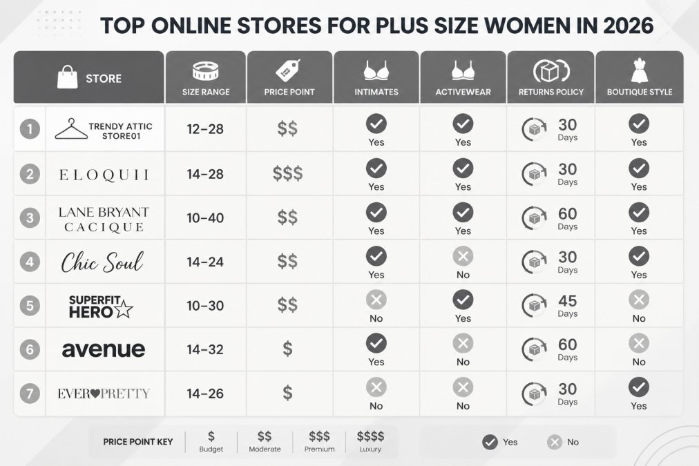 Feature comparison matrix for the top 7 plus size stores: columns = Size Range, Price Point, Intimates, Activewear, Returns Policy, Boutique Style; rows = Trendy Attic Store01, ELOQUII, Lane Bryant/Cacique, Chic Soul, Superfit Hero, Avenue, Ever-Pretty; with Yes/No and tier indicators per cell