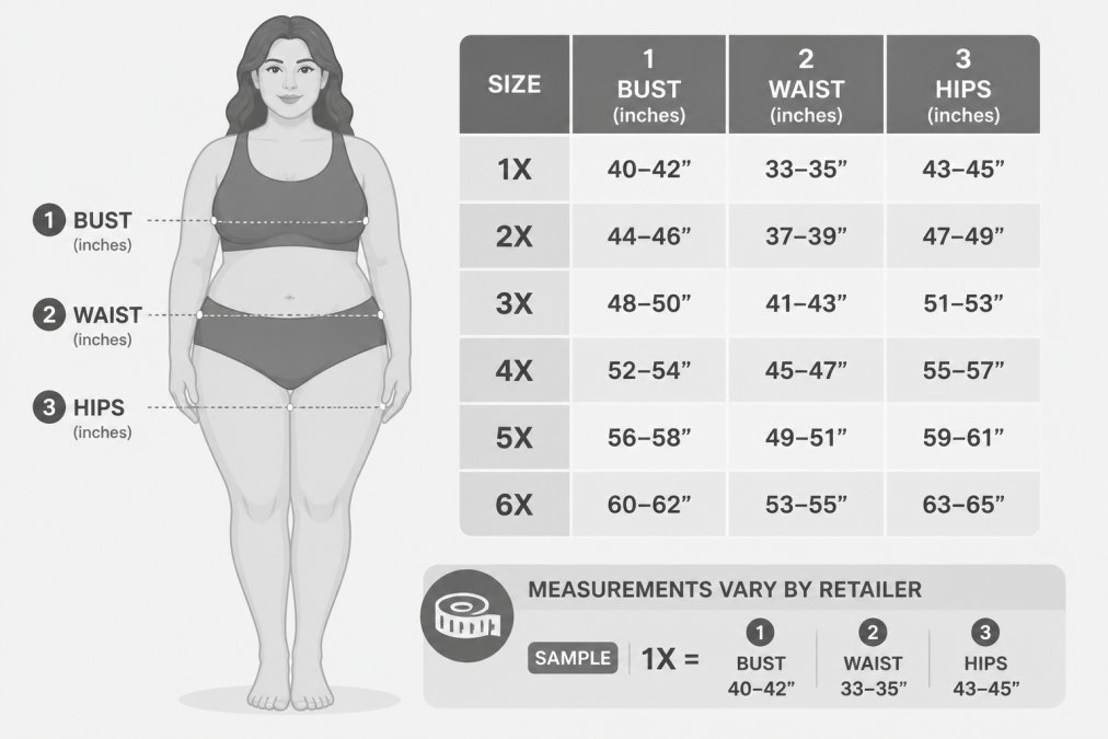 Diagram showing three measurement points on a figure (bust, waist, hips in inches) mapped to plus size label ranges 1X through 6X, with a note that measurements vary by retailer and a sample range: 1X = bust 40-42", waist 33-35", hips 43-45"