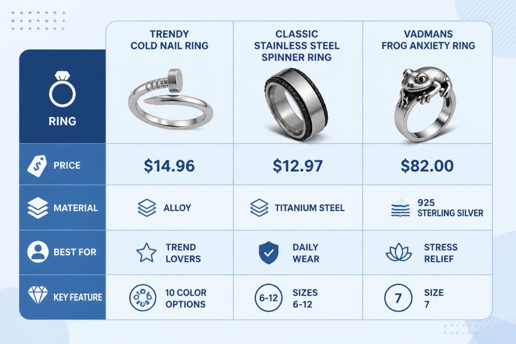 Comparison chart detailing prices, materials, and features for three different ring styles