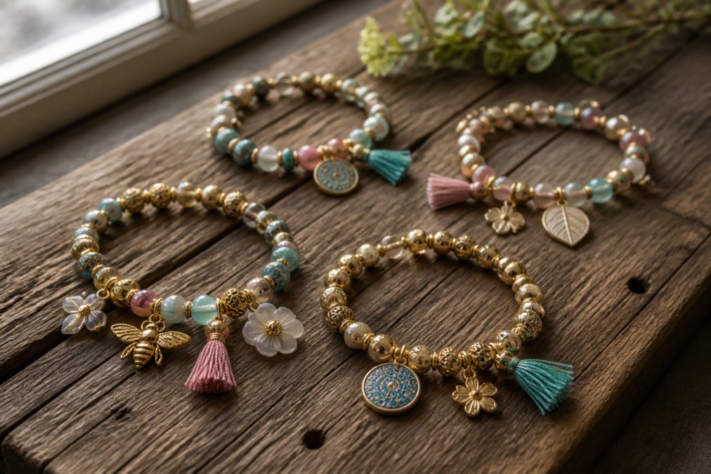 Close-up of handcrafted charm bracelets with gold beads and colorful charms arranged on a rustic wooden surface, with soft natural window light highlighting the texture and detail of each handmade piece