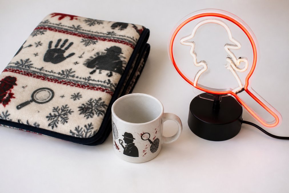 Flat lay of novelty gift items including a folded themed blanket, a character coffee mug, and a small dimmable neon sign arranged on a clean white surface with soft overhead lighting
