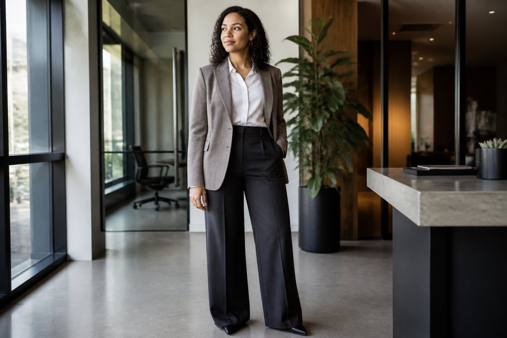 Professional woman wearing a tailored blazer and wide-leg trousers standing confidently in a modern office setting with natural lighting