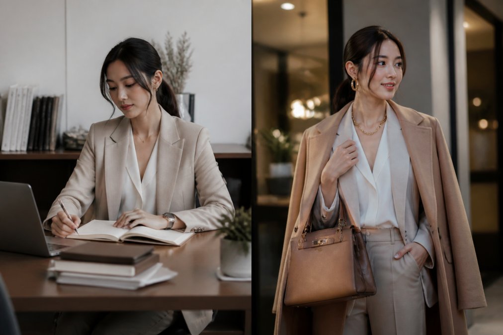 Professional outfit styled two ways: business casual with neutral tones and minimal accessories during day, elevated with statement jewelry, structured handbag, and layering for evening