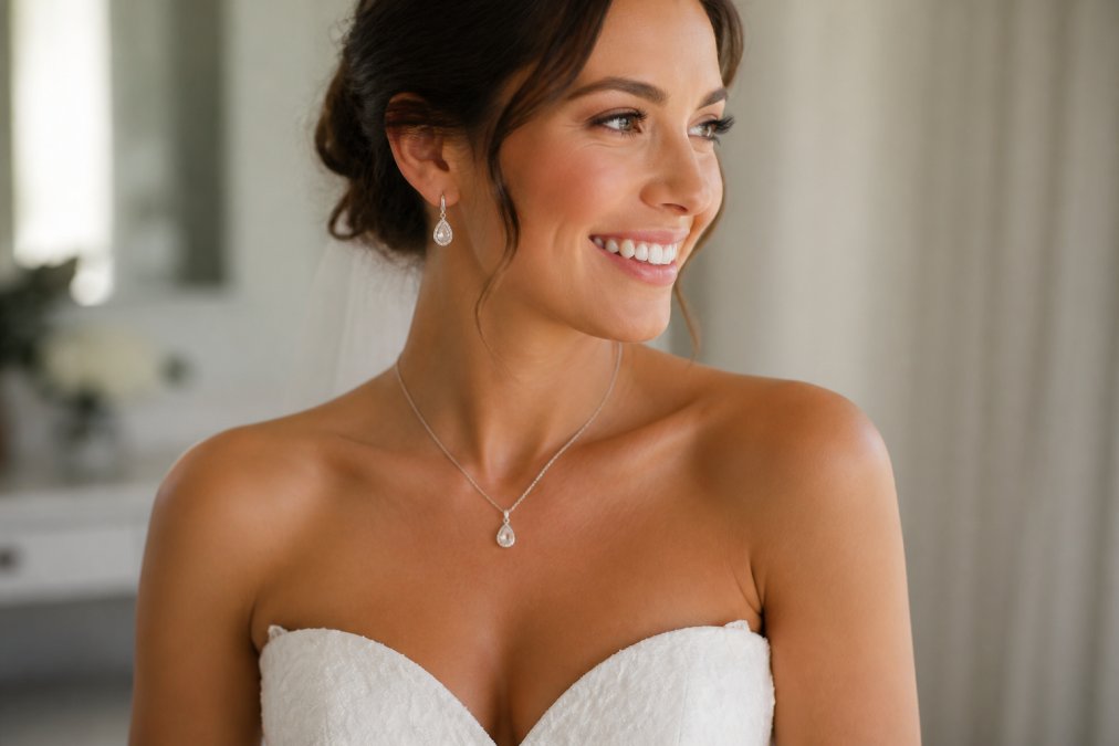 Bride wearing an elegant wedding dress with a sweetheart neckline, styled with delicate drop earrings and a matching delicate pendant necklace, photographed from shoulders up in soft natural lighting