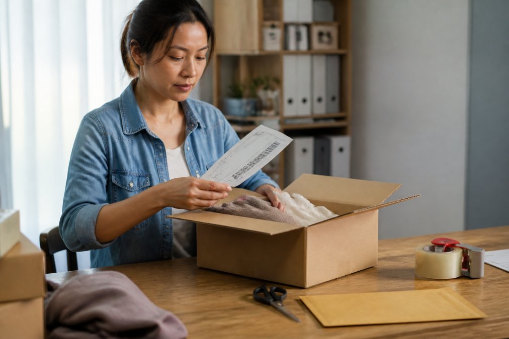 Person at home preparing a package for return, holding a prepaid shipping label and packing materials with the original box visible on the desk
