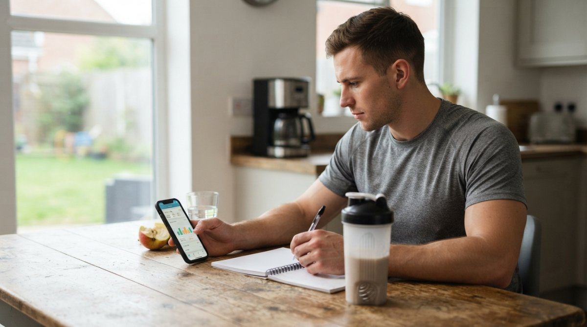 Athlete using a macro calculator app to track nutrition while visiting supplement stores with macro calculator tools