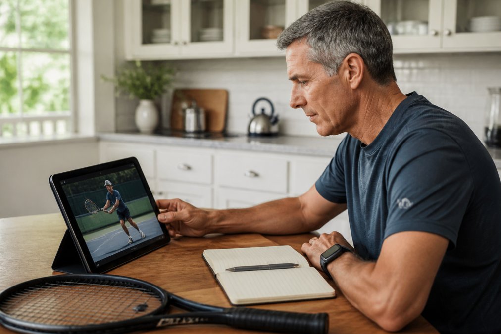 A middle-aged tennis player reviewing coaching videos on a tablet at a kitchen table, with a tennis racket and notebook nearby, looking focused and engaged