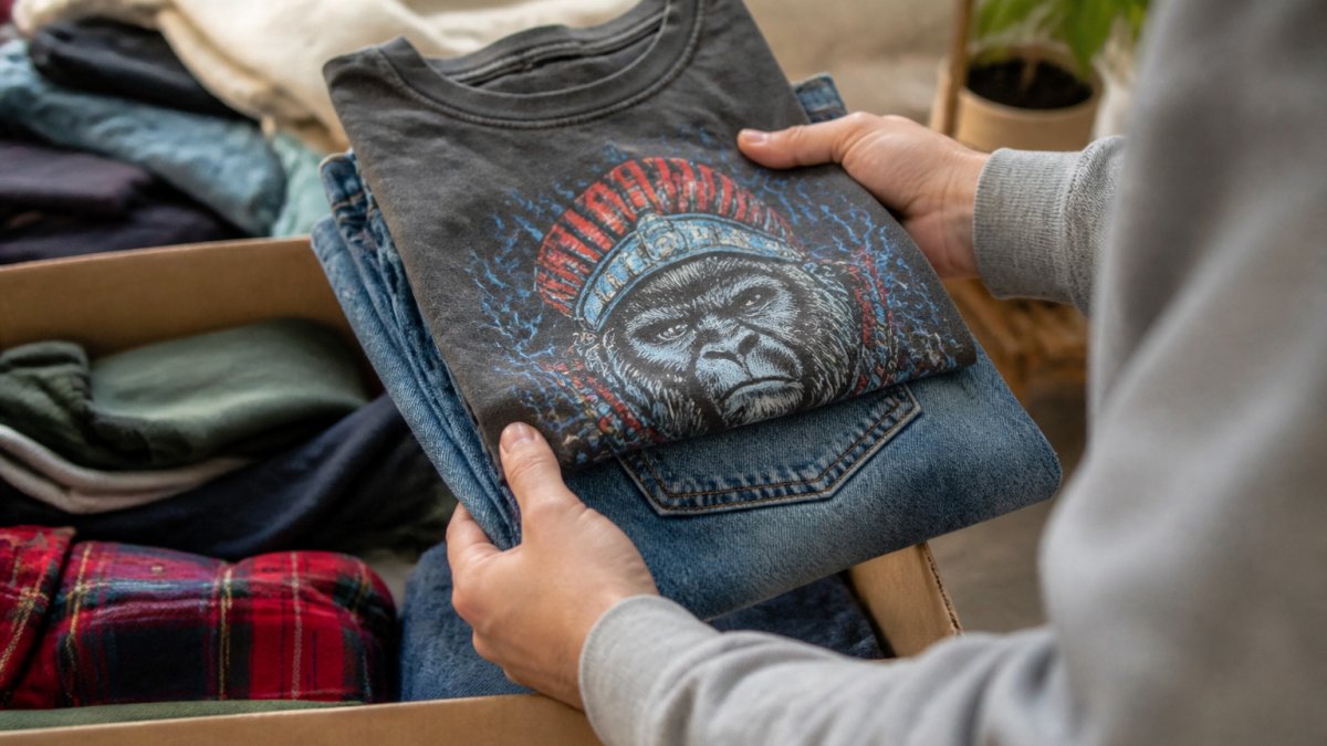 Close-up of hands holding a folded pre-owned graphic t-shirt and vintage jeans, examining the fabric quality and condition in natural daylight