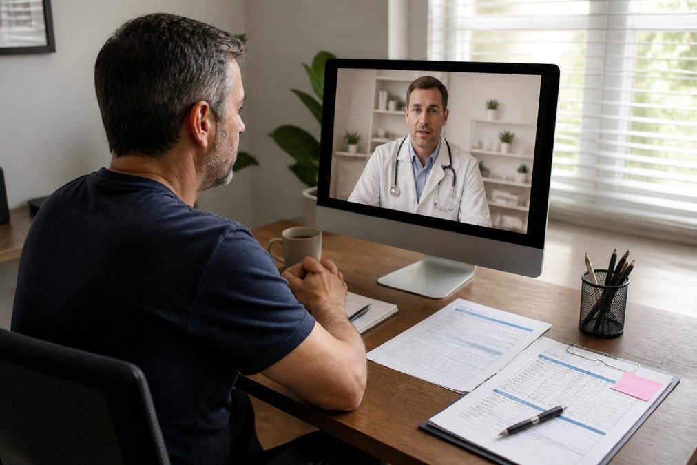Middle-aged man in a home office during a video consultation with a healthcare provider on his computer screen, with lab results and medical documents visible on the desk